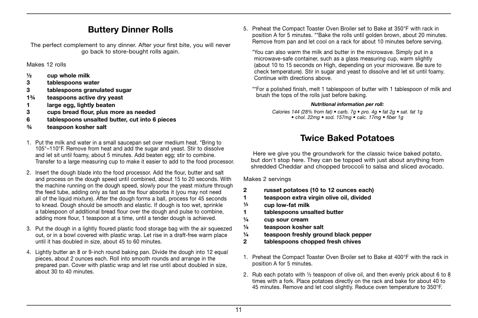 Buttery dinner rolls, Twice baked potatoes | Cuisinart Compact Toaster Oven Broiler TOB-80 User Manual | Page 11 / 20