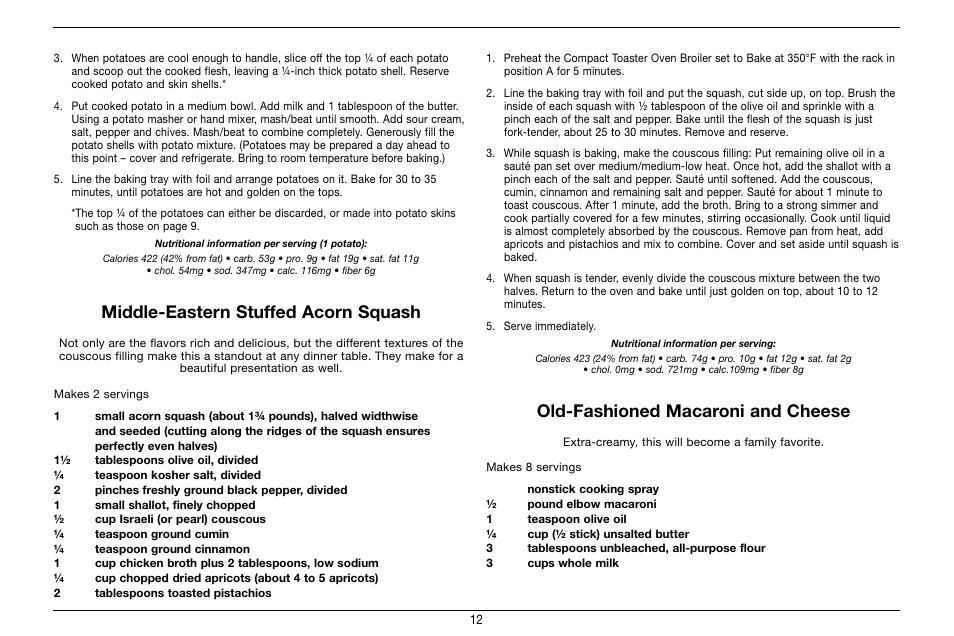 Middle-eastern stuffed acorn squash, Old-fashioned macaroni and cheese | Cuisinart Compact Toaster Oven Broiler TOB-80 User Manual | Page 12 / 20