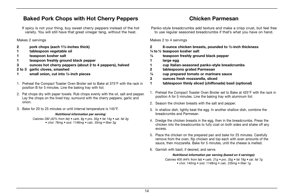 Baked pork chops with hot cherry peppers, Chicken parmesan | Cuisinart Compact Toaster Oven Broiler TOB-80 User Manual | Page 14 / 20