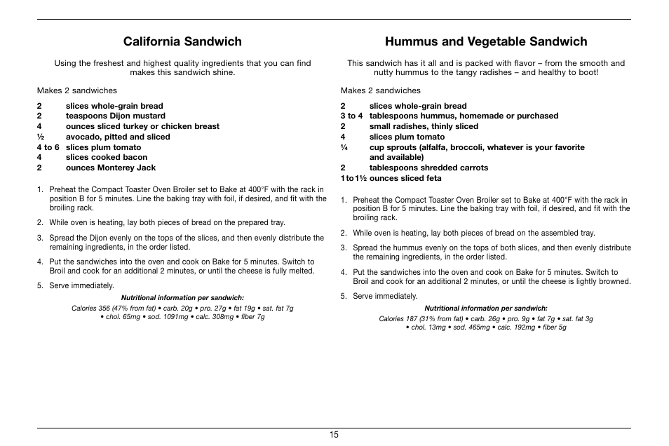 California sandwich, Hummus and vegetable sandwich | Cuisinart Compact Toaster Oven Broiler TOB-80 User Manual | Page 15 / 20