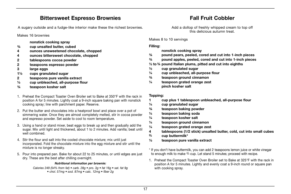 Bittersweet espresso brownies, Fall fruit cobbler | Cuisinart Compact Toaster Oven Broiler TOB-80 User Manual | Page 17 / 20