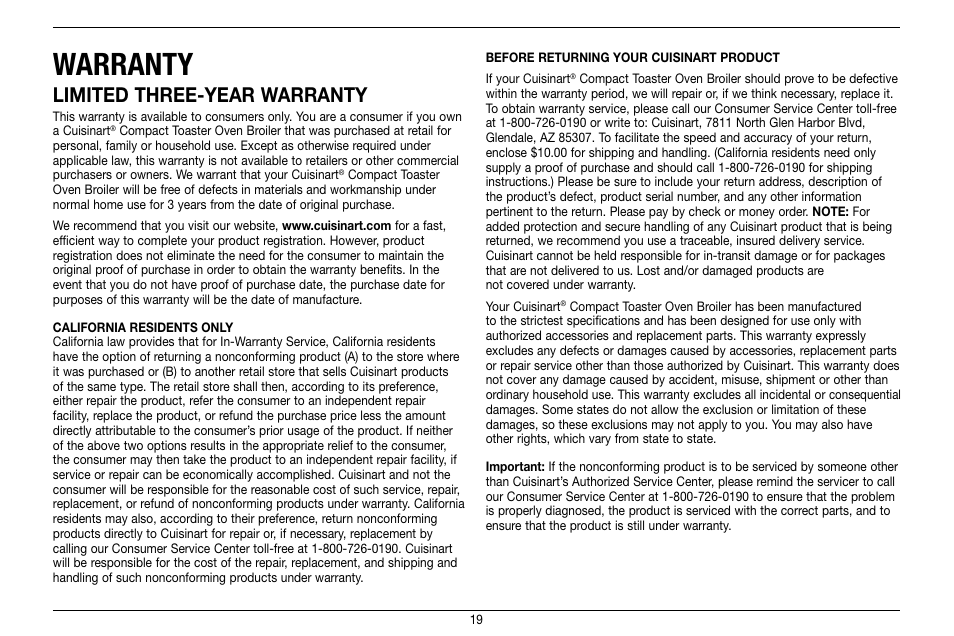 Warranty, Limited three-year warranty | Cuisinart Compact Toaster Oven Broiler TOB-80 User Manual | Page 19 / 20