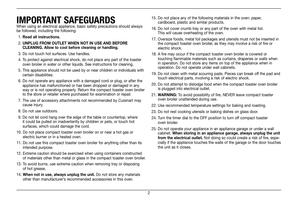 Important safeguards | Cuisinart Compact Toaster Oven Broiler TOB-80 User Manual | Page 2 / 20