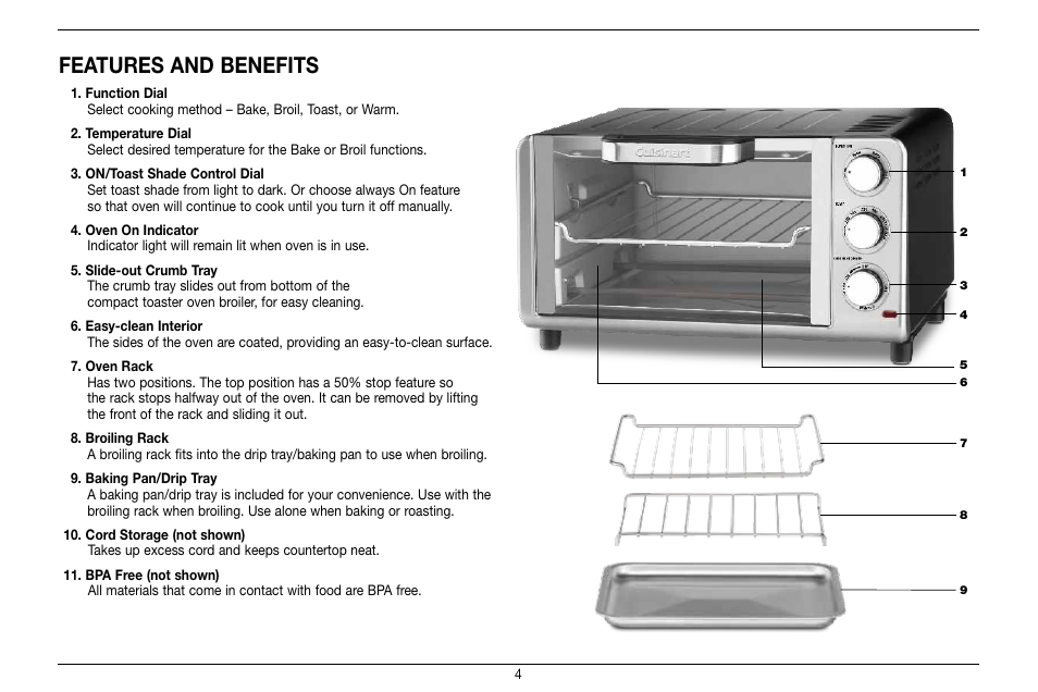 Features and benefits | Cuisinart Compact Toaster Oven Broiler TOB-80 User Manual | Page 4 / 20
