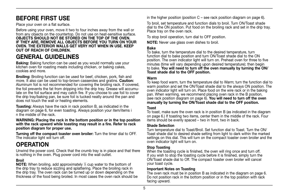 Before first use, General guidelines, Operation | Cuisinart Compact Toaster Oven Broiler TOB-80 User Manual | Page 5 / 20