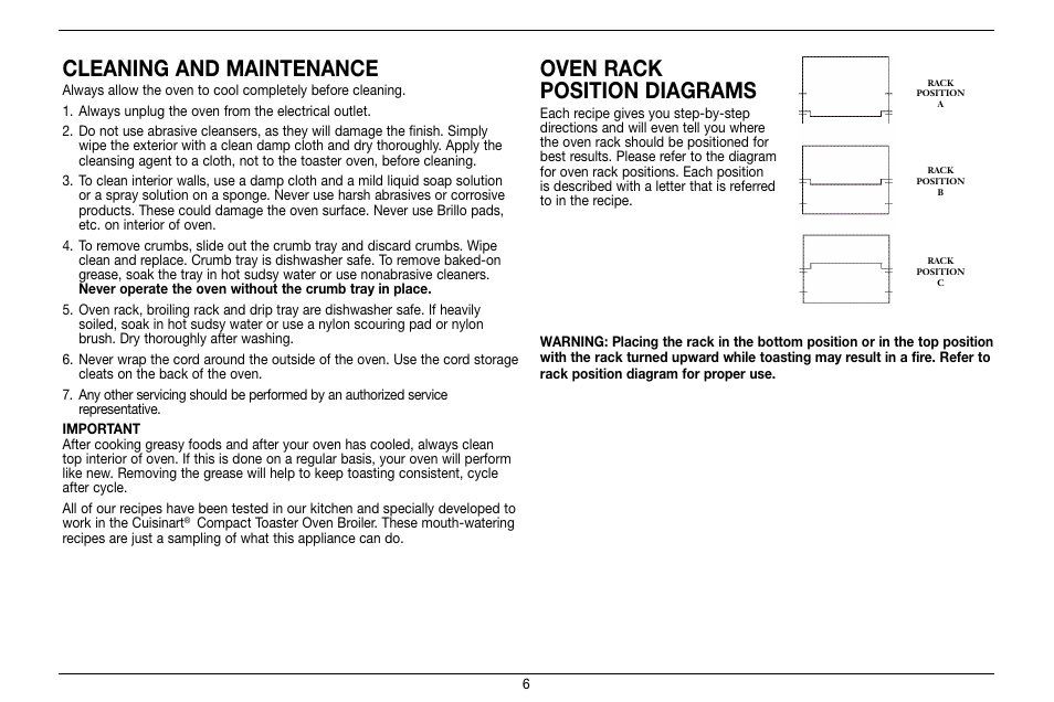 Cleaning and maintenance, Oven rack position diagrams | Cuisinart Compact Toaster Oven Broiler TOB-80 User Manual | Page 6 / 20