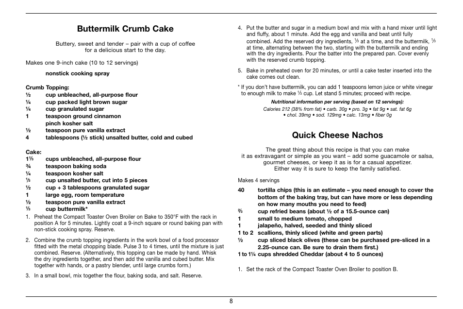 Buttermilk crumb cake, Quick cheese nachos | Cuisinart Compact Toaster Oven Broiler TOB-80 User Manual | Page 8 / 20