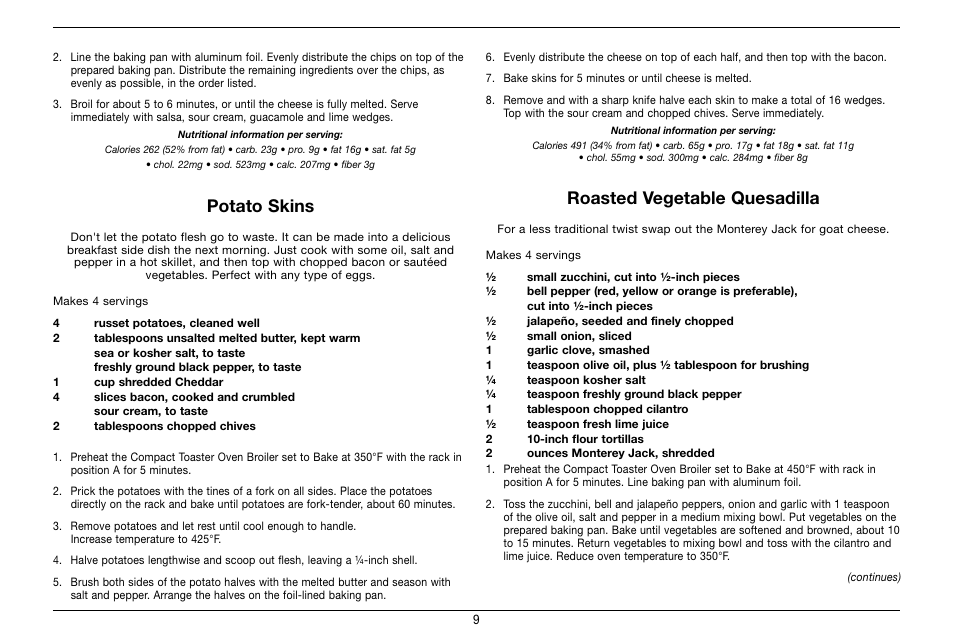 Potato skins, Roasted vegetable quesadilla | Cuisinart Compact Toaster Oven Broiler TOB-80 User Manual | Page 9 / 20