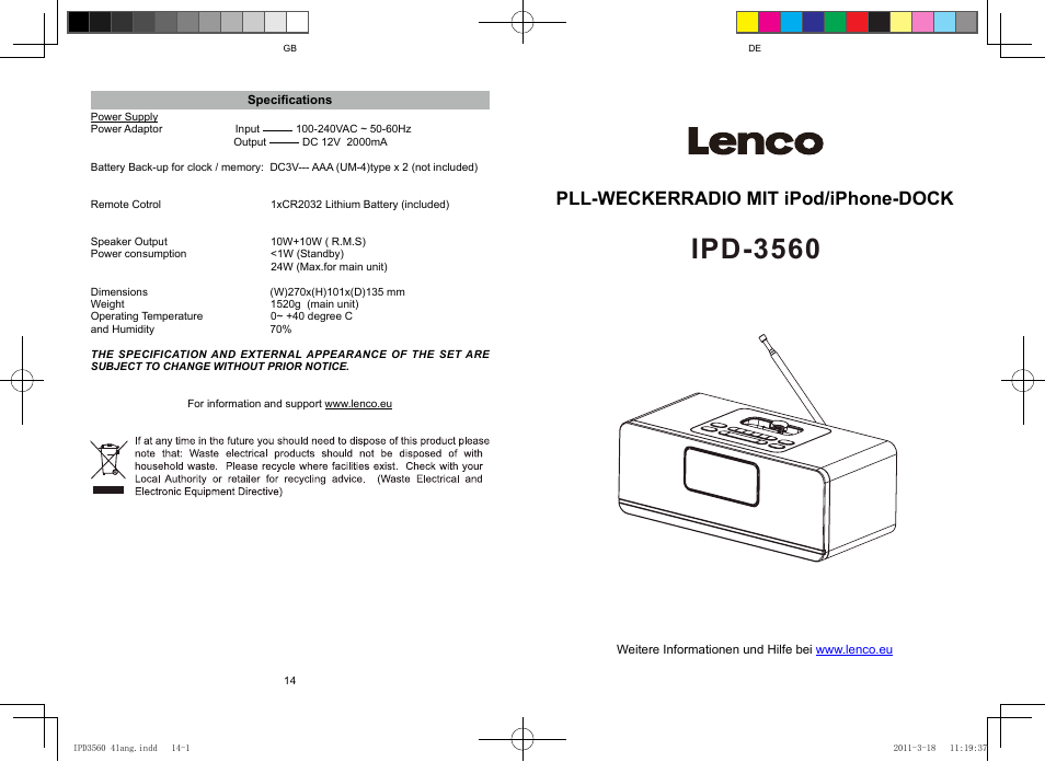 Ipd-3560, Pll-weckerradio mit ipod/iphone-dock | Lenco IPD-3560 User Manual | Page 8 / 35