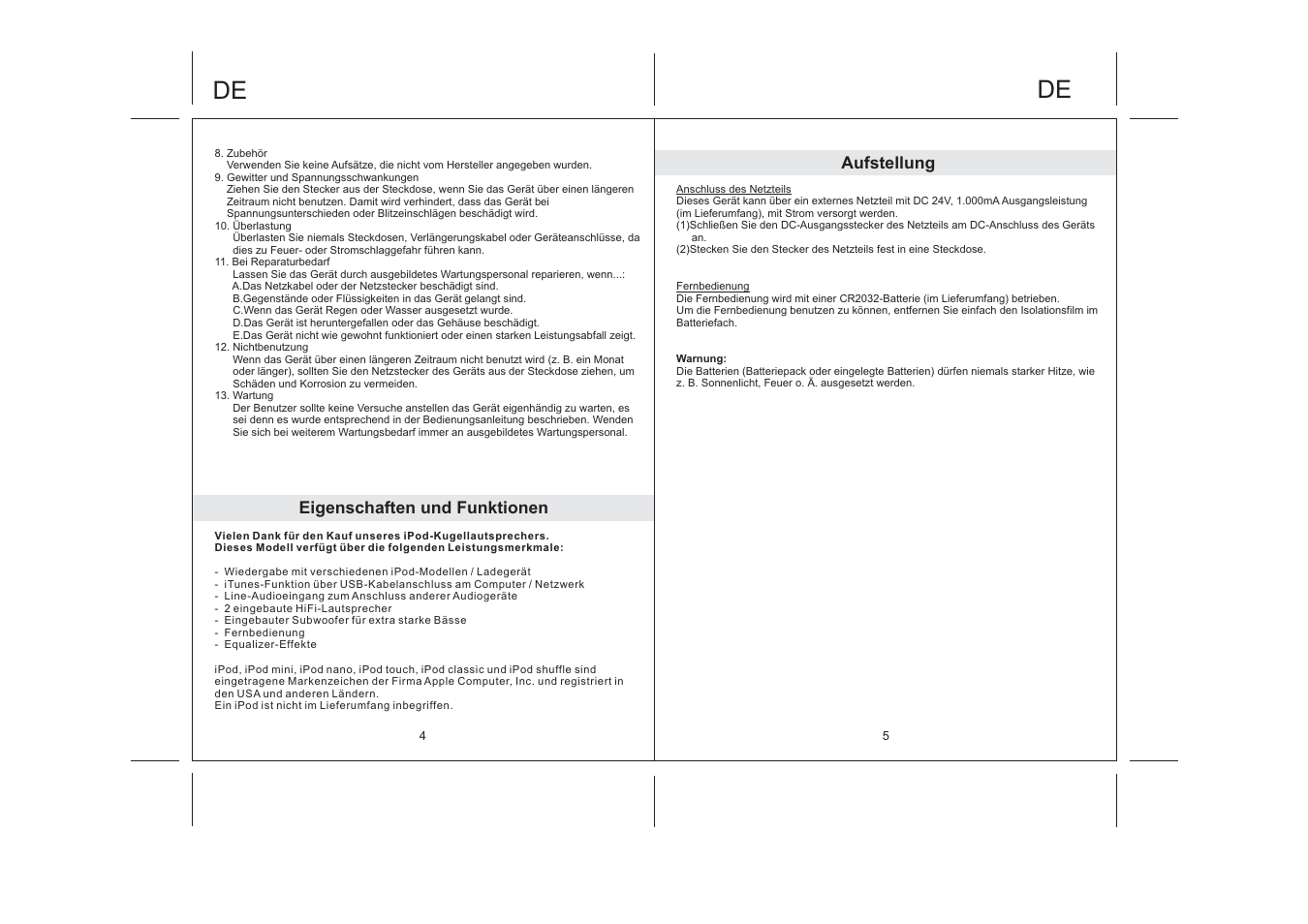 Aufstellung eigenschaften und funktionen | Lenco IPD-4200 User Manual | Page 10 / 34