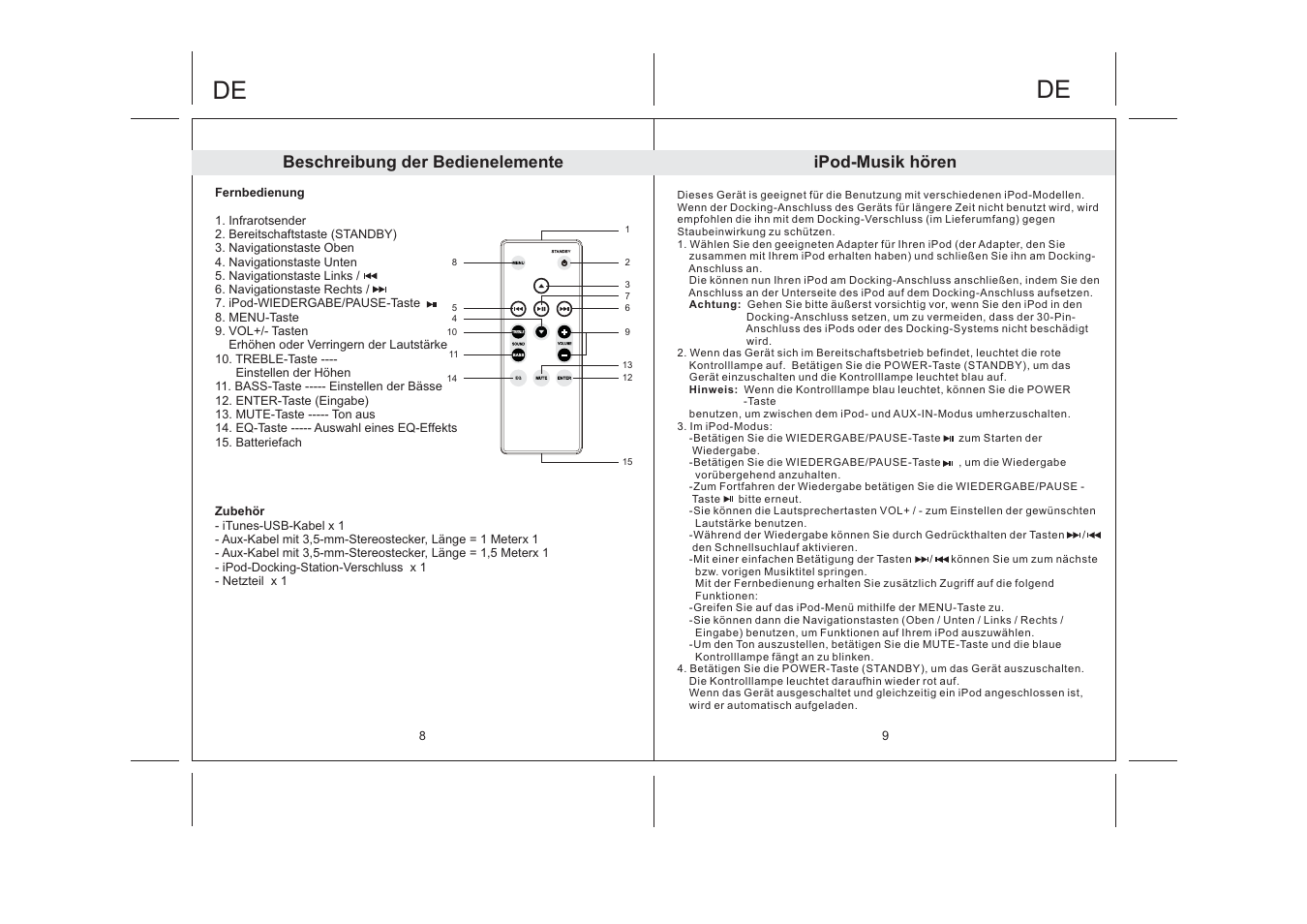 Ipod-musik hören beschreibung der bedienelemente | Lenco IPD-4200 User Manual | Page 12 / 34