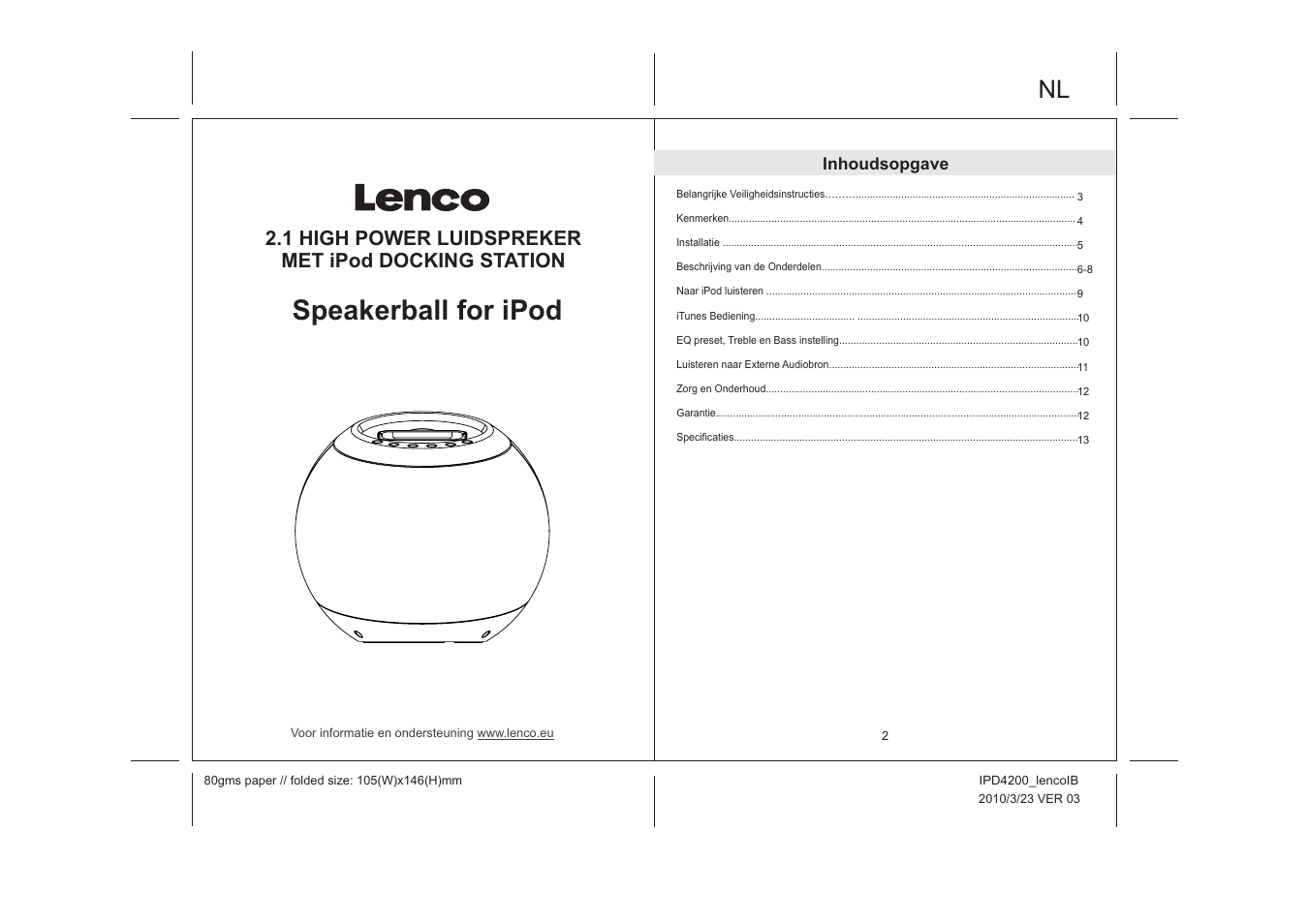 Speakerball for ipod, 1 high power luidspreker met ipod docking station | Lenco IPD-4200 User Manual | Page 15 / 34
