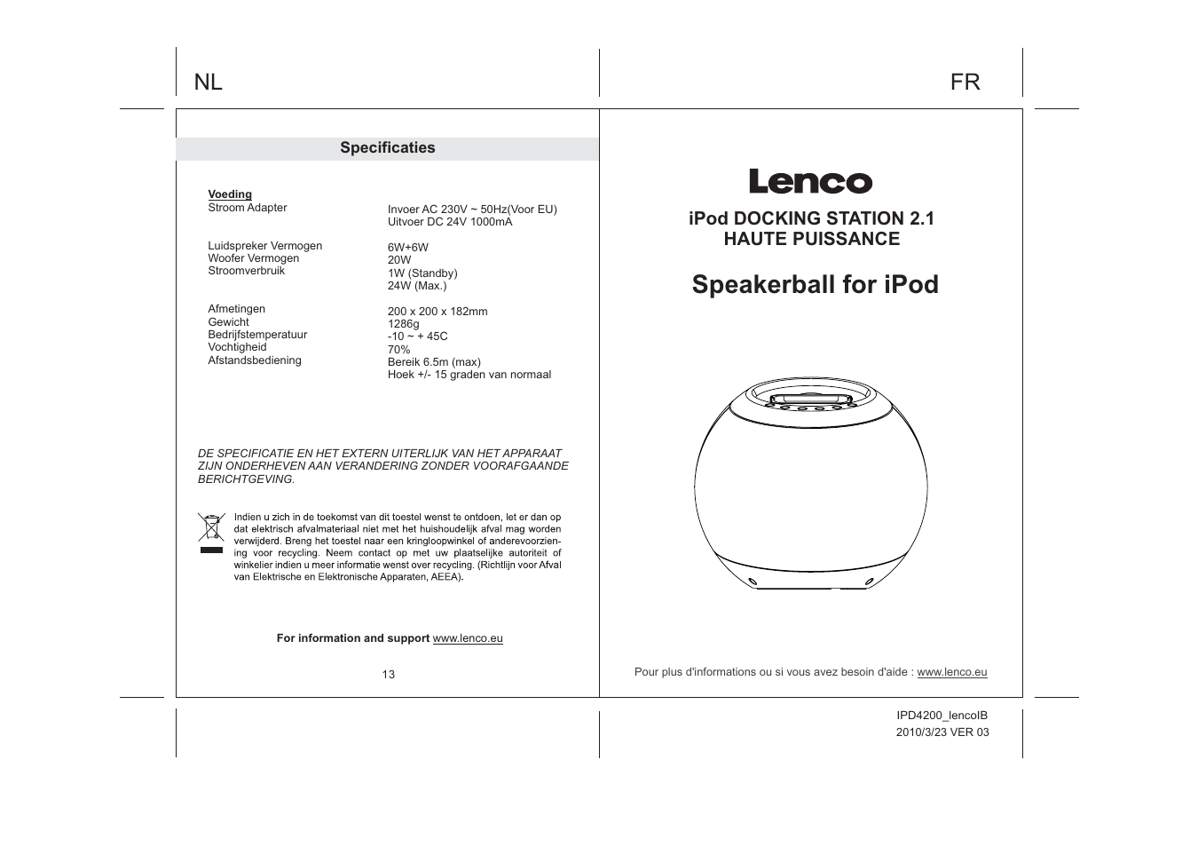 Speakerball for ipod | Lenco IPD-4200 User Manual | Page 21 / 34