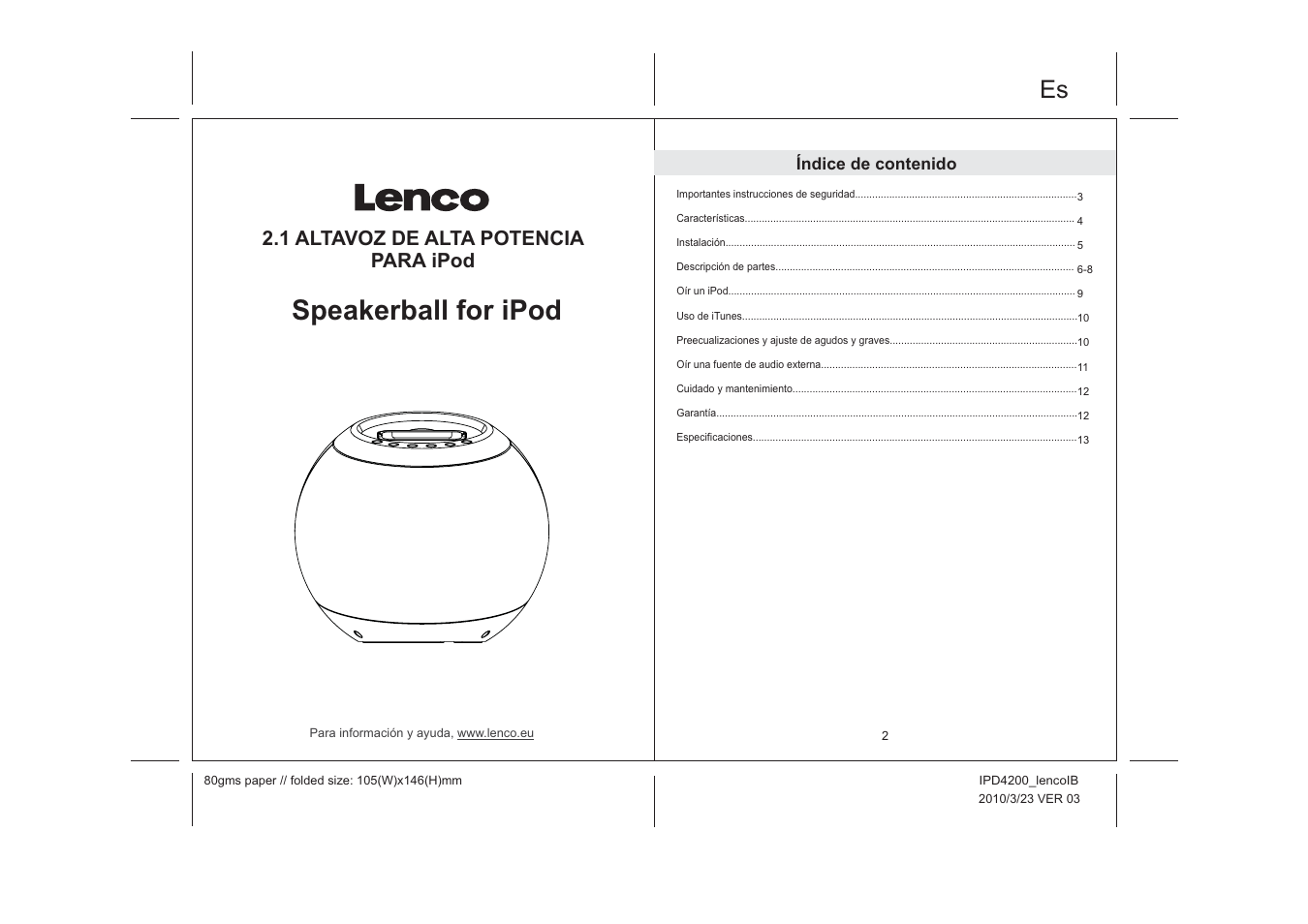 Speakerball for ipod, 1 altavoz de alta potencia para ipod | Lenco IPD-4200 User Manual | Page 28 / 34