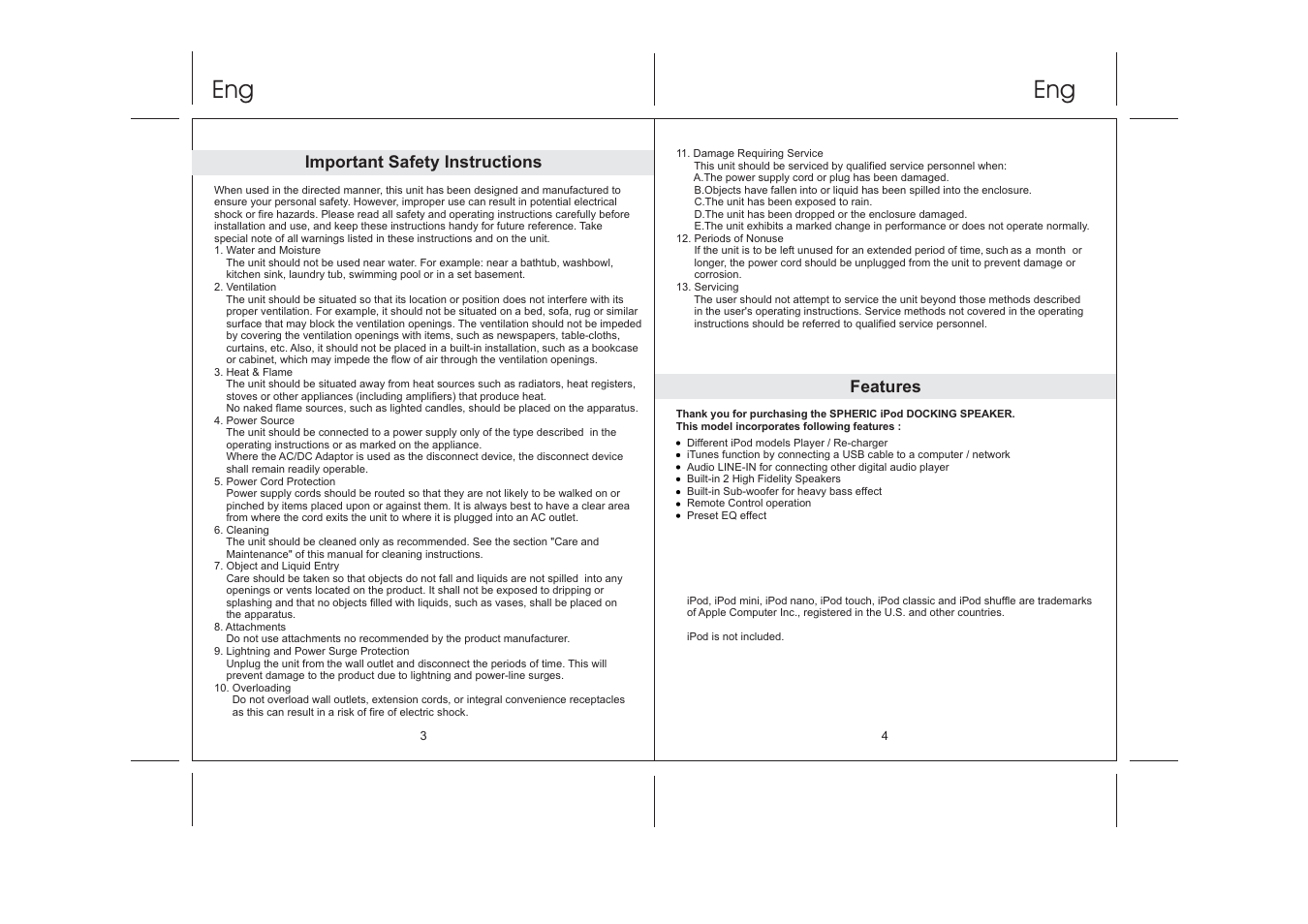 Features, Important safety instructions | Lenco IPD-4200 User Manual | Page 3 / 34