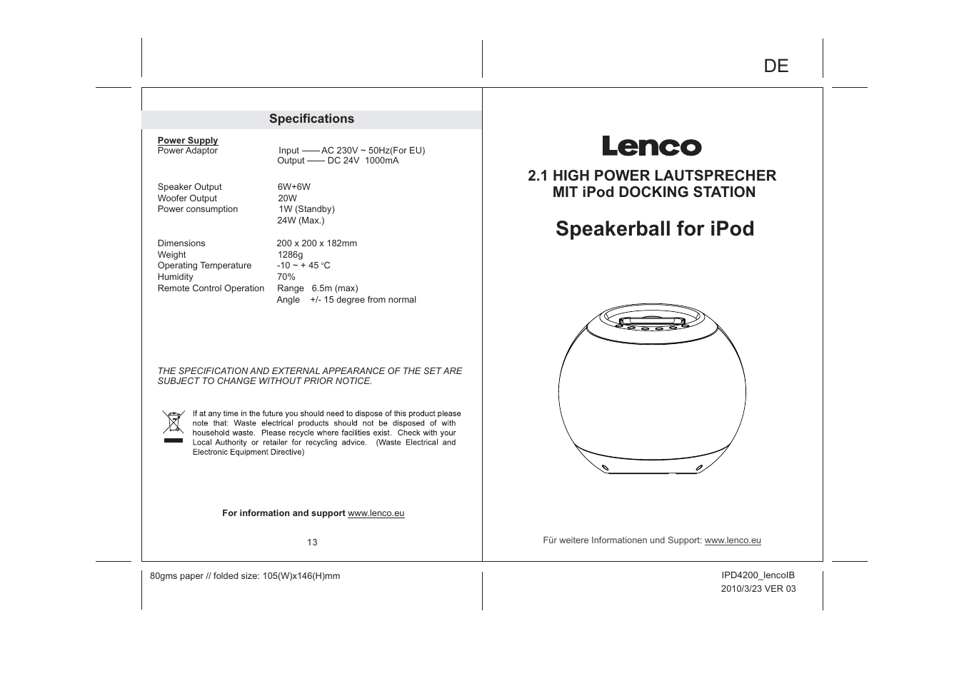 Speakerball for ipod, 1 high power lautsprecher mit ipod docking station | Lenco IPD-4200 User Manual | Page 8 / 34