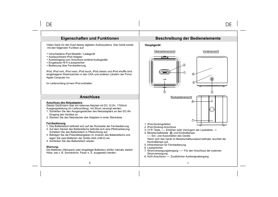 Ò³ãæ 10, Eigenschaften und funktionen, Anschluss | Beschreibung der bedienelemente | Lenco IPD-4300 User Manual | Page 10 / 30