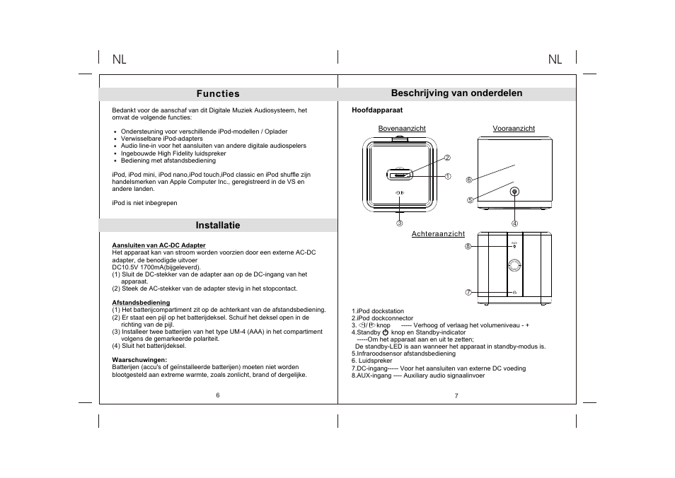 Ò³ãæ 16, Functies, Installatie | Beschrijving van onderdelen | Lenco IPD-4300 User Manual | Page 16 / 30