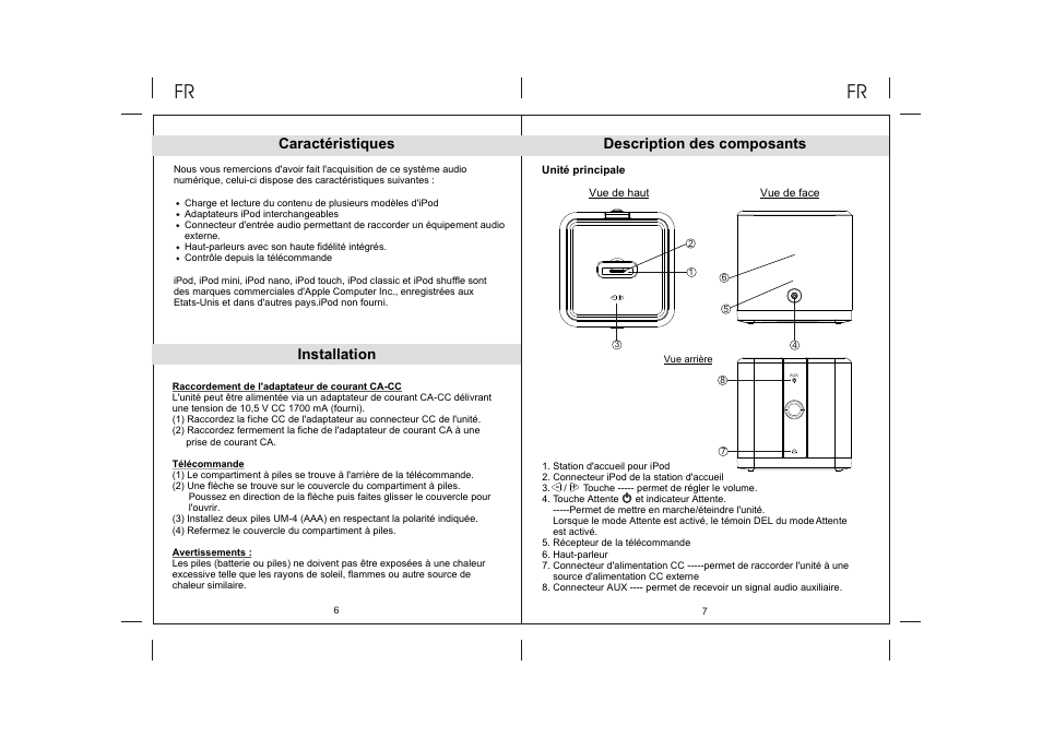 Ò³ãæ 22, Caractéristiques, Installation | Description des composants | Lenco IPD-4300 User Manual | Page 22 / 30