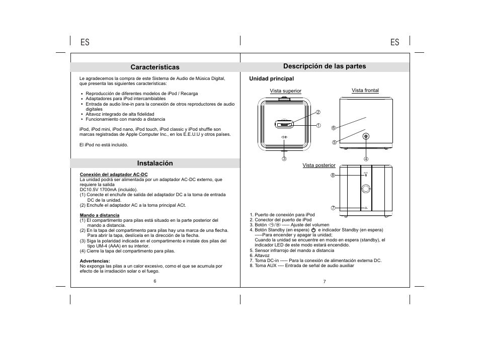 Ò³ãæ 28, Características, Instalación | Descripción de las partes | Lenco IPD-4300 User Manual | Page 28 / 30