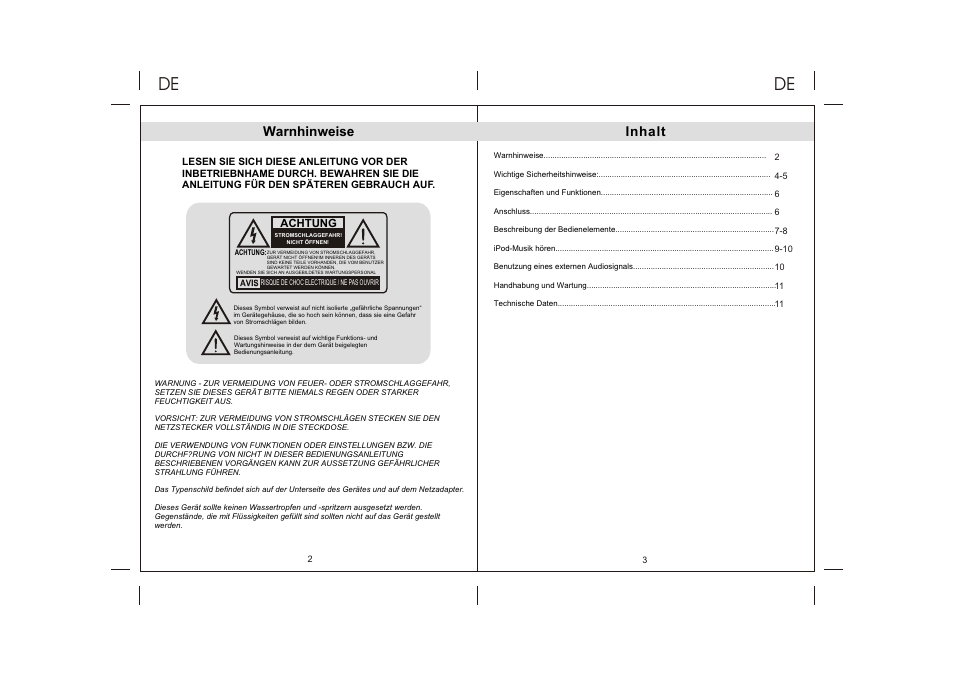 Ò³ãæ 8, Warnhinweise, Inhalt | Lenco IPD-4300 User Manual | Page 8 / 30