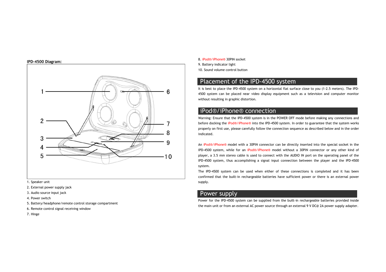 Placement of the ipd-4500 system, Ipod®/iphone® connection, Power supply | Lenco IPD-4500 User Manual | Page 3 / 10