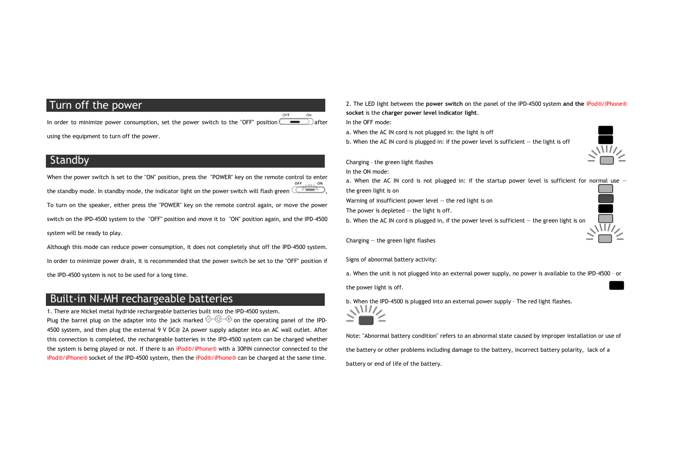 Turn off the power, Standby, Built-in ni-mh rechargeable batteries | Lenco IPD-4500 User Manual | Page 6 / 10