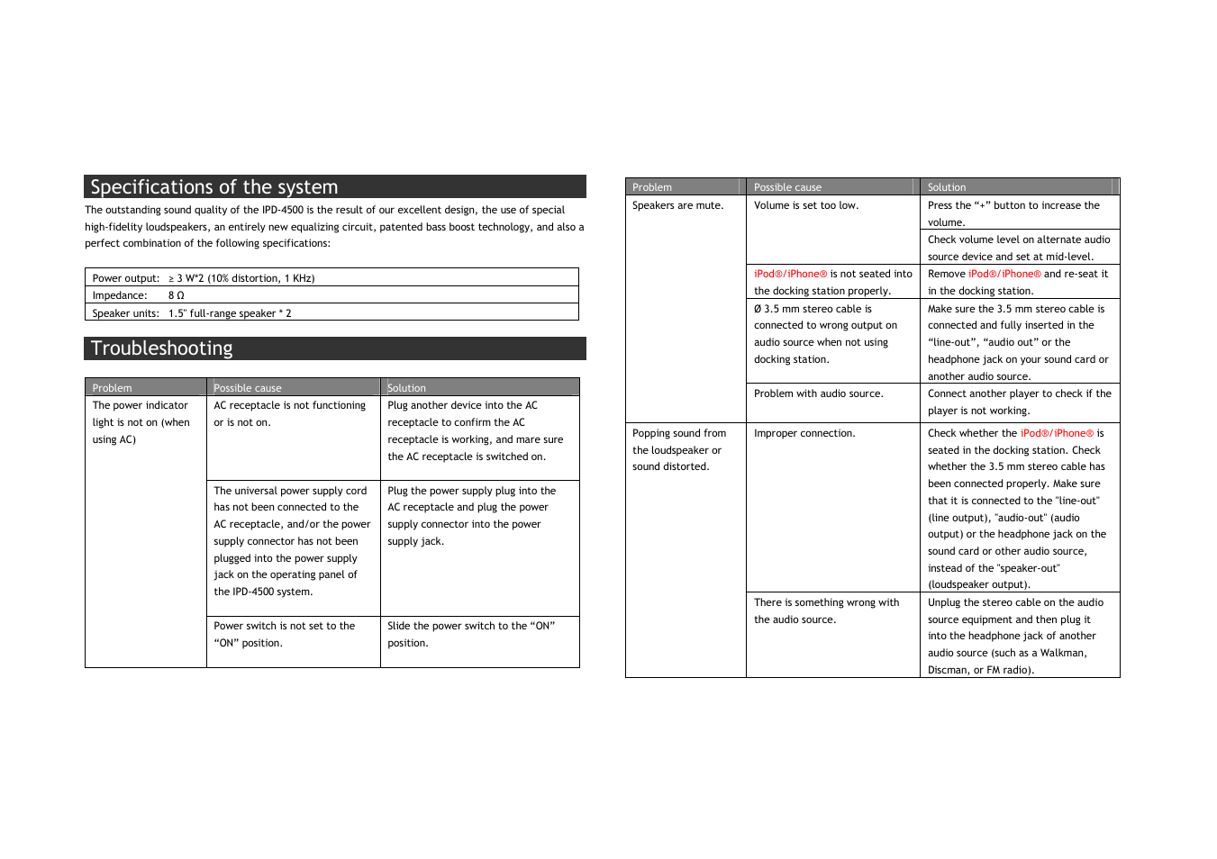 Specifications of the system, Troubleshooting | Lenco IPD-4500 User Manual | Page 9 / 10