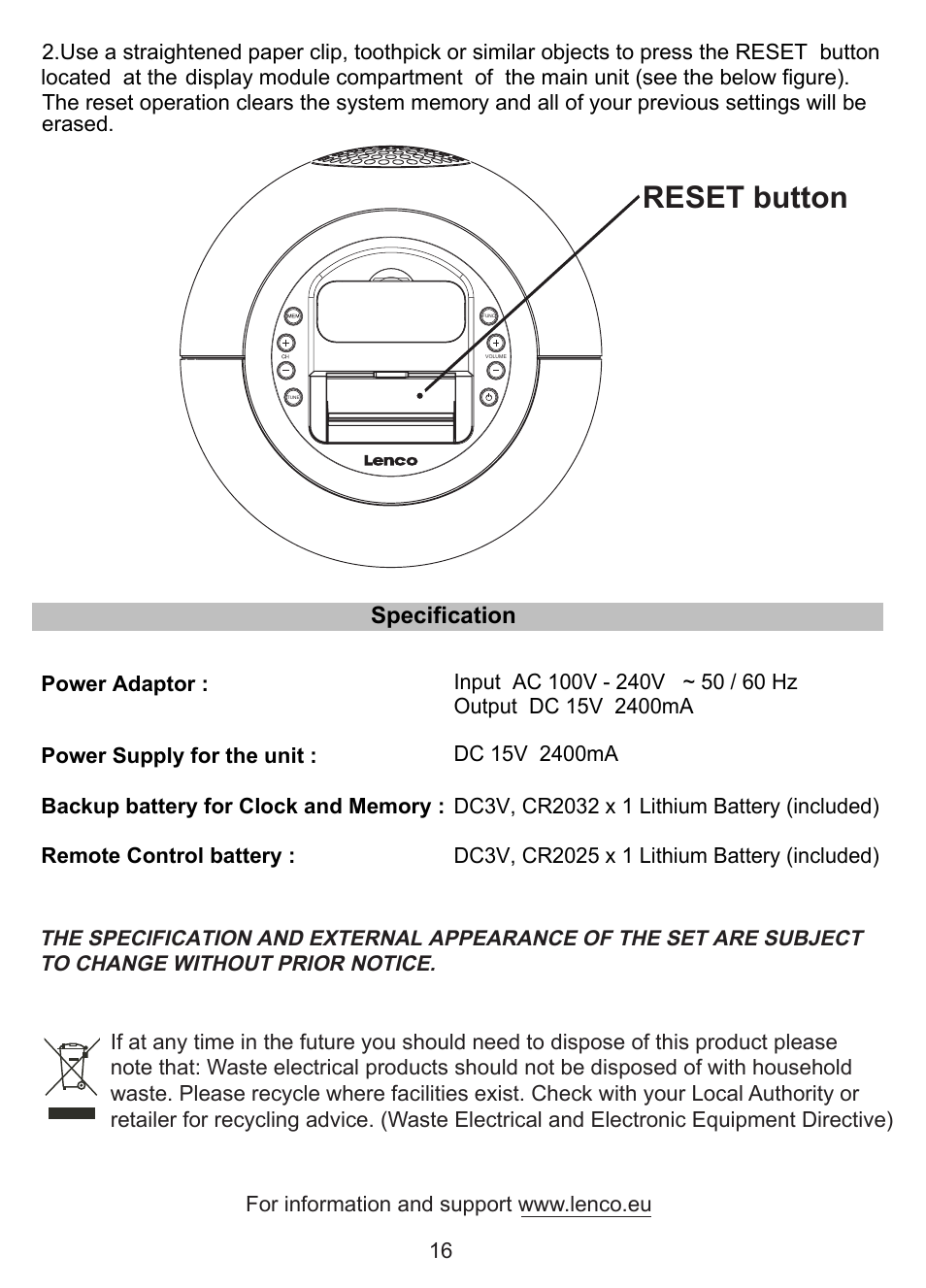 Reset button | Lenco IPD-4600 User Manual | Page 16 / 88