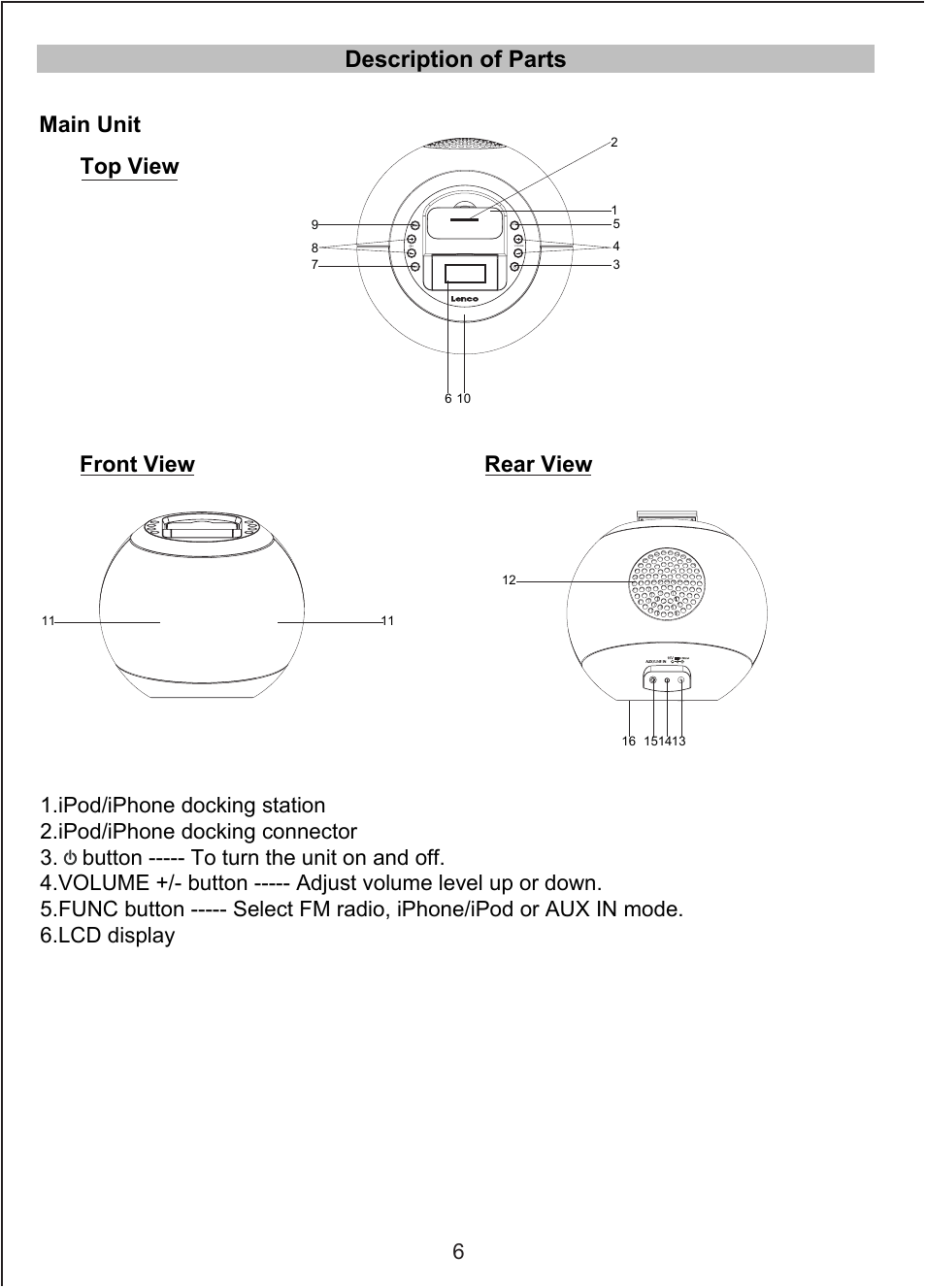 Description of parts, Main unit top view front view rear view | Lenco IPD-4600 User Manual | Page 6 / 88