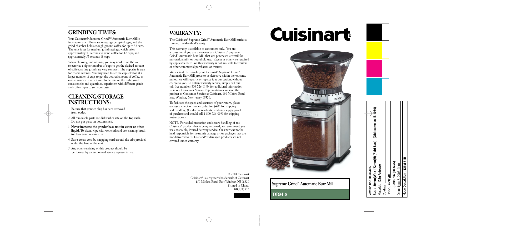 Cuisinart DBM-8 User Manual | 2 pages