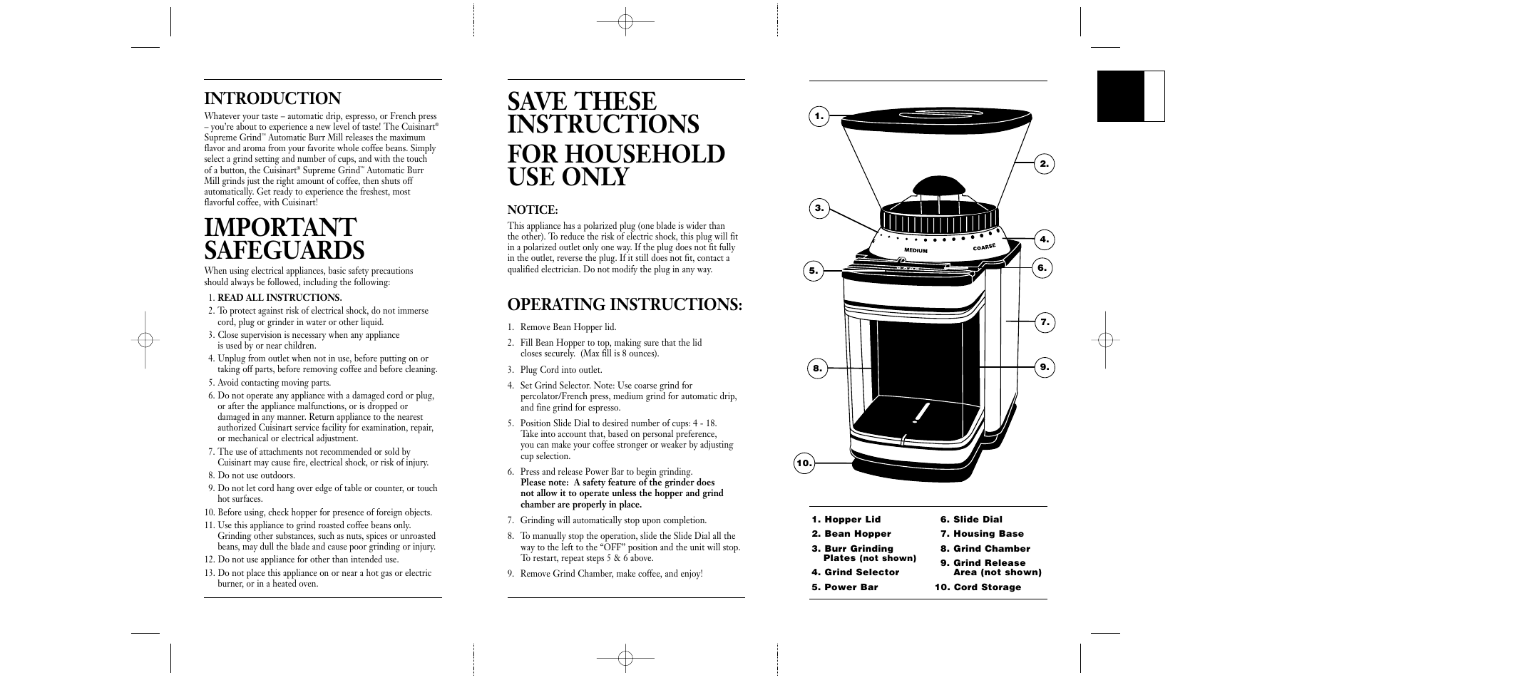 Save these instructions for household use only, Important safeguards, Operating instructions | Introduction | Cuisinart DBM-8 User Manual | Page 2 / 2