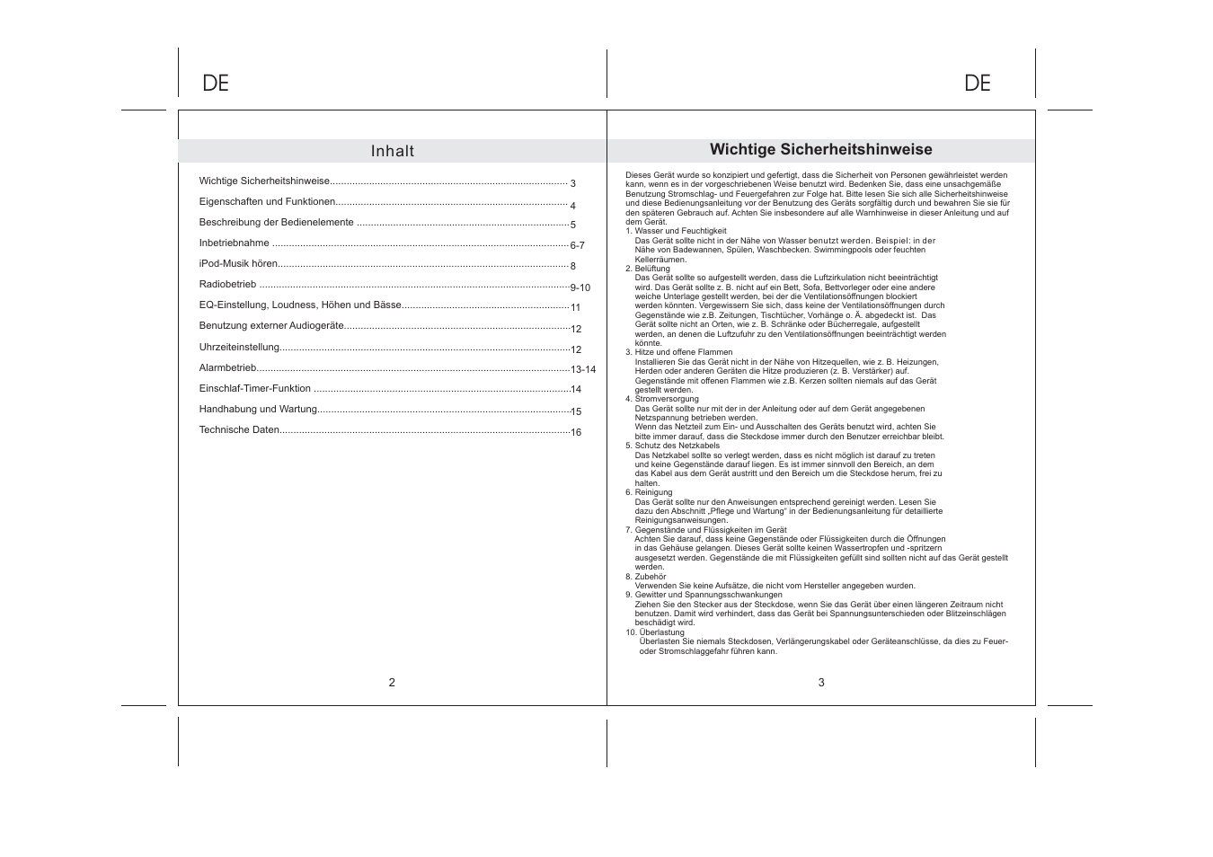 Inhalt, Wichtige sicherheitshinweise | Lenco IPD-5100 User Manual | Page 10 / 40