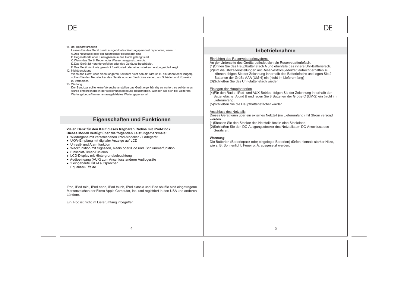 Eigenschaften und funktionen, Inbetriebnahme | Lenco IPD-5100 User Manual | Page 11 / 40