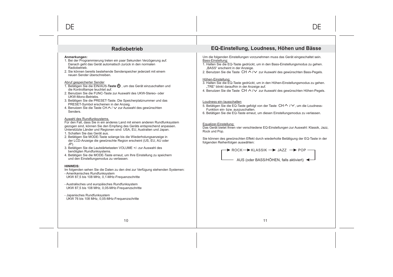 Radiobetrieb, Eq-einstellung, loudness, höhen und bässe | Lenco IPD-5100 User Manual | Page 14 / 40