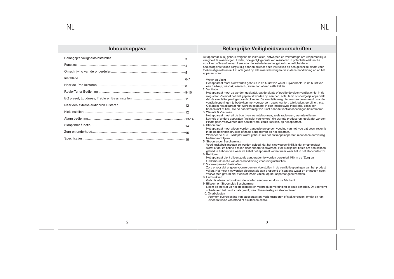 Inhoudsopgave, Belangrijke veiligheidsvoorschriften | Lenco IPD-5100 User Manual | Page 18 / 40