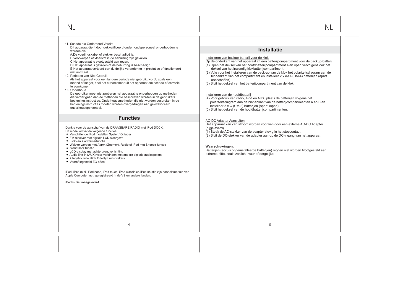 Functies, Installatie | Lenco IPD-5100 User Manual | Page 19 / 40