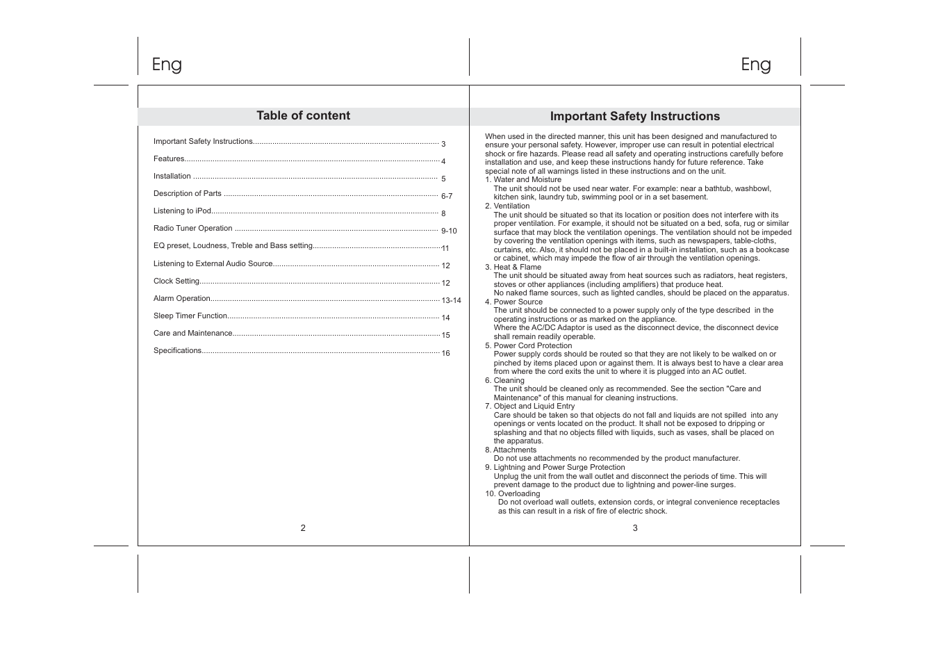 Table of content, Important safety instructions | Lenco IPD-5100 User Manual | Page 2 / 40
