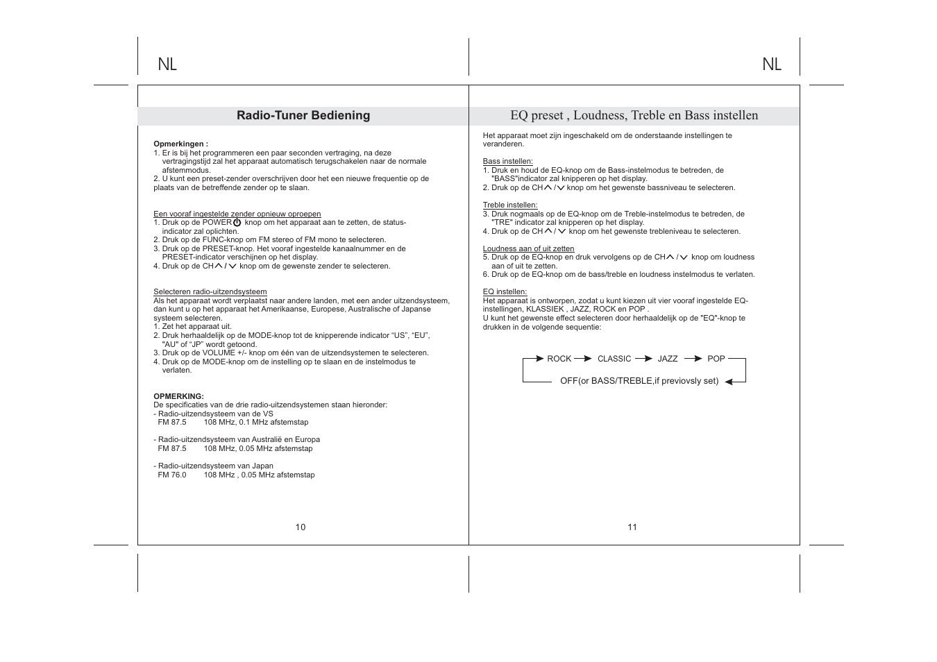Eq preset , loudness, treble en bass instellen, Radio-tuner bediening | Lenco IPD-5100 User Manual | Page 22 / 40