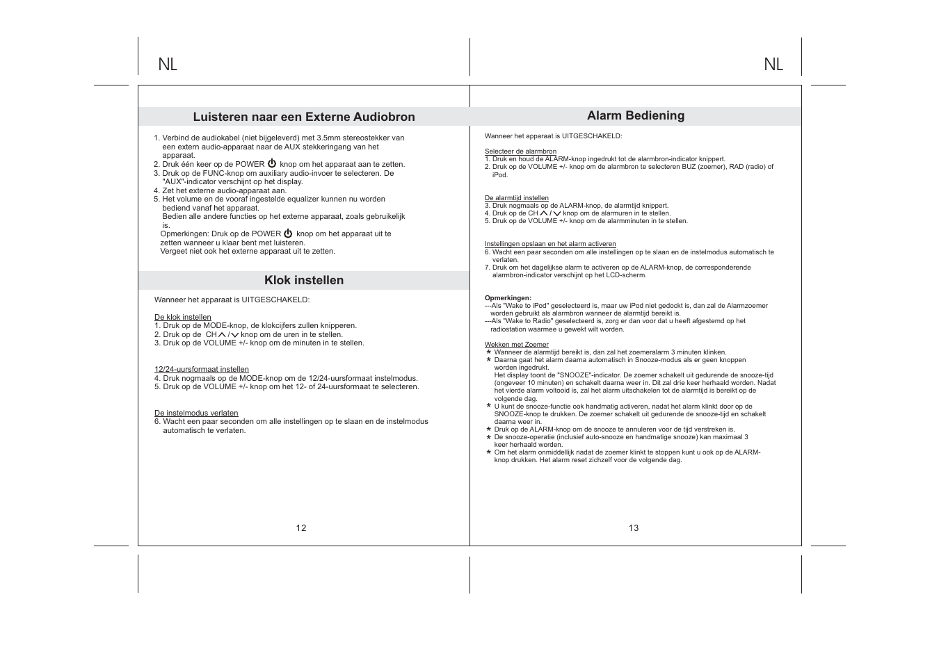 Luisteren naar een externe audiobron, Klok instellen, Alarm bediening | Lenco IPD-5100 User Manual | Page 23 / 40