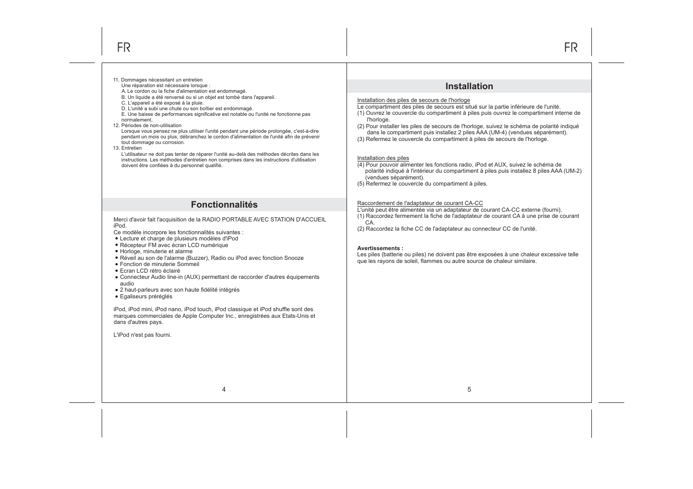 Fonctionnalités, Installation | Lenco IPD-5100 User Manual | Page 27 / 40