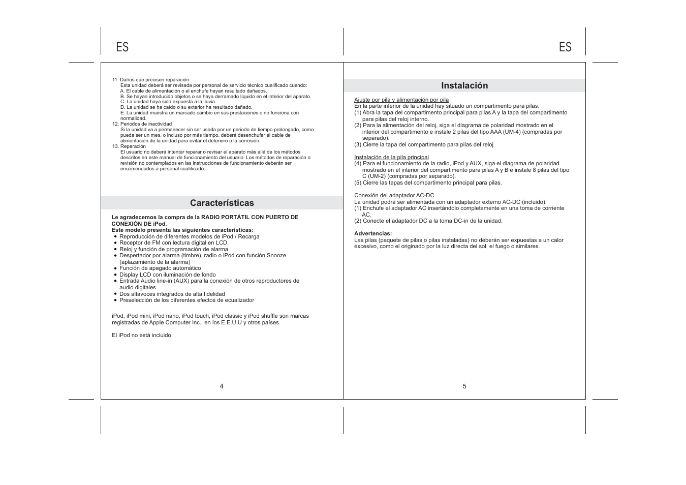 Características, Instalación | Lenco IPD-5100 User Manual | Page 35 / 40