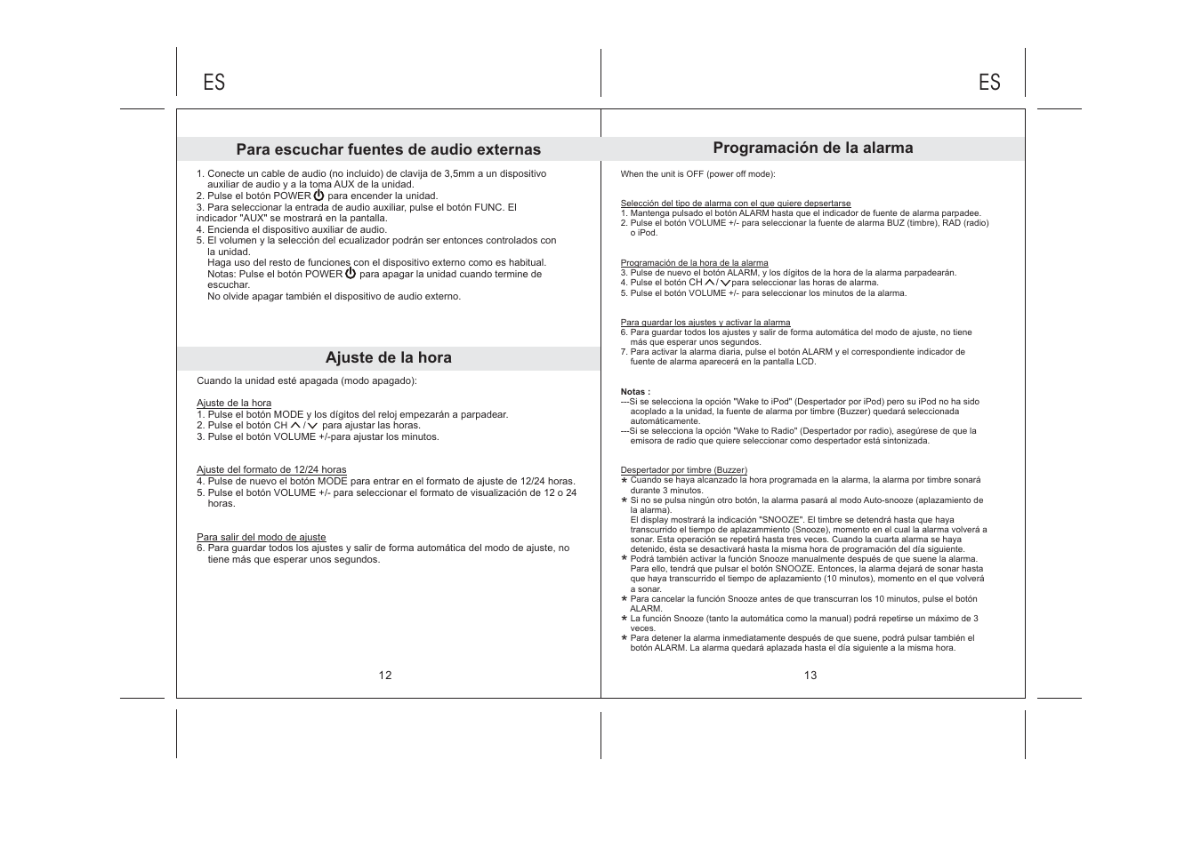 Para escuchar fuentes de audio externas, Ajuste de la hora, Programación de la alarma | Lenco IPD-5100 User Manual | Page 39 / 40