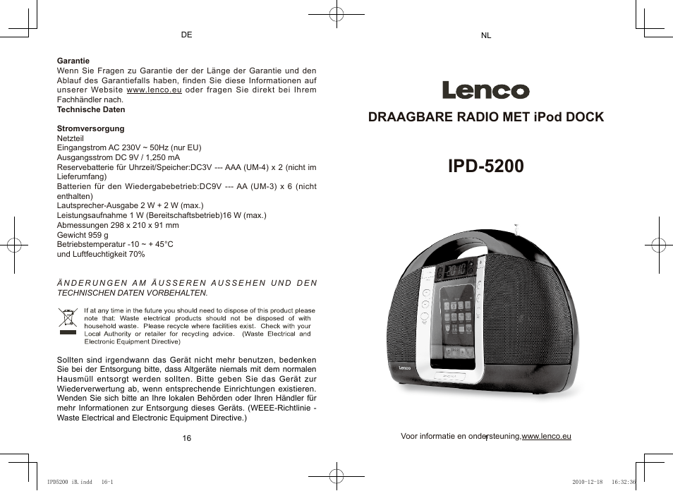 Ipd-5200, Draagbare radio met ipod dock | Lenco IPD-5200 User Manual | Page 17 / 40