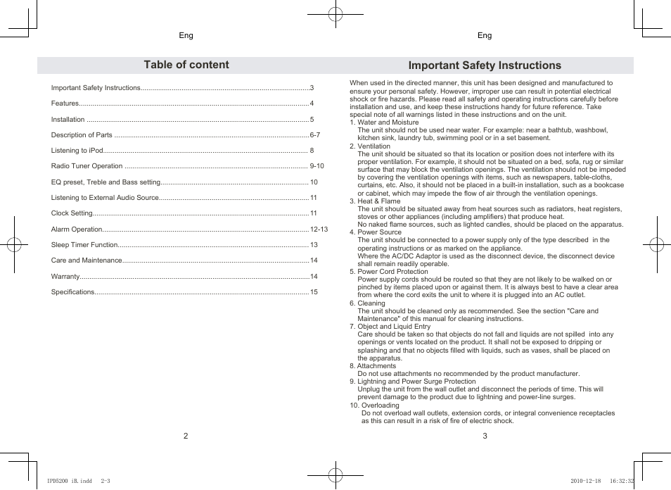 Important safety instructions table of content | Lenco IPD-5200 User Manual | Page 2 / 40