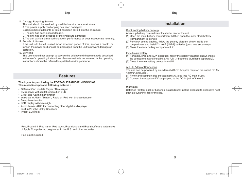 Installation, Features | Lenco IPD-5200 User Manual | Page 3 / 40