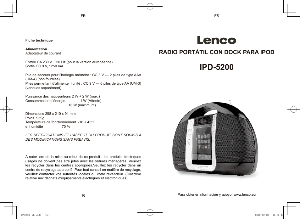 Ipd-5200, Radio portátil con dock para ipod | Lenco IPD-5200 User Manual | Page 33 / 40