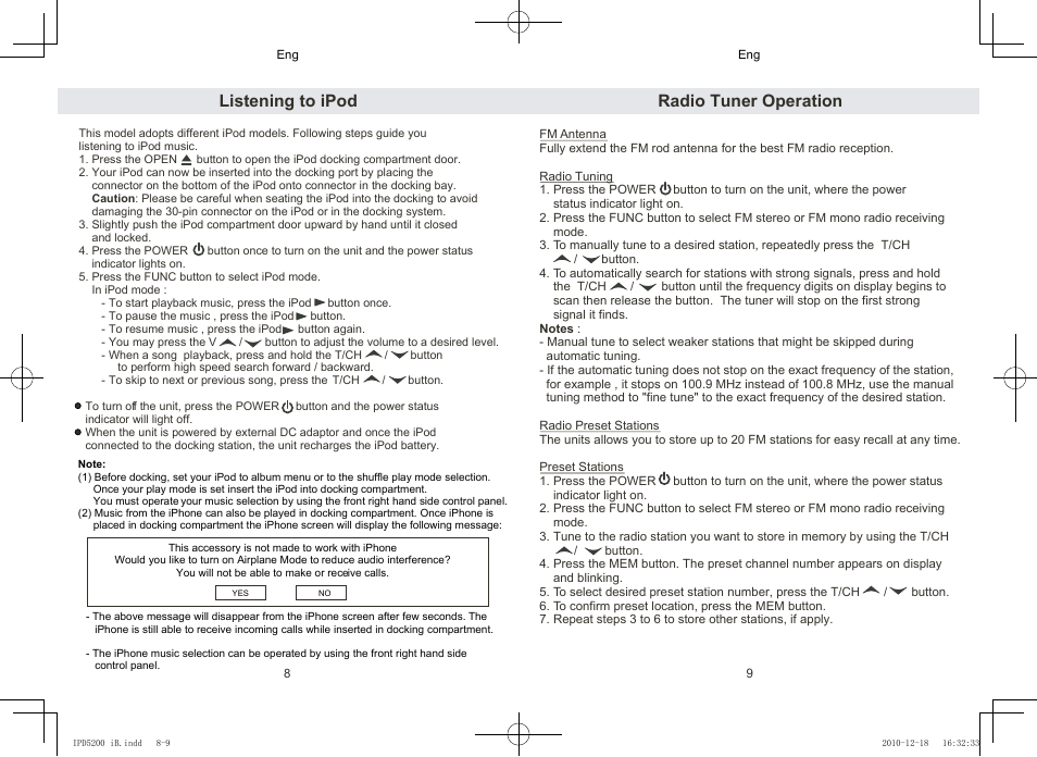 Radio tuner operation, Listening to ipod | Lenco IPD-5200 User Manual | Page 5 / 40
