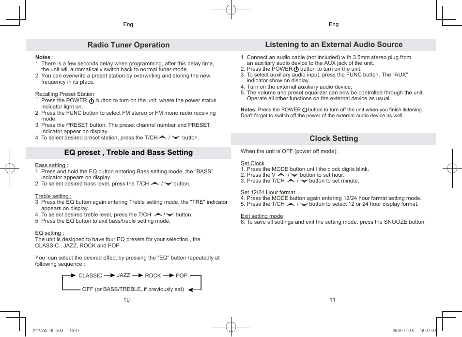 Listening to an external audio source, Clock setting | Lenco IPD-5200 User Manual | Page 6 / 40