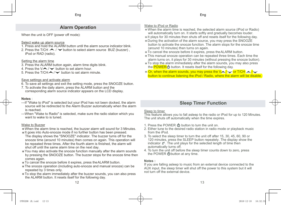 Eng change, Sleep timer function, Alarm operation | Lenco IPD-5200 User Manual | Page 7 / 40